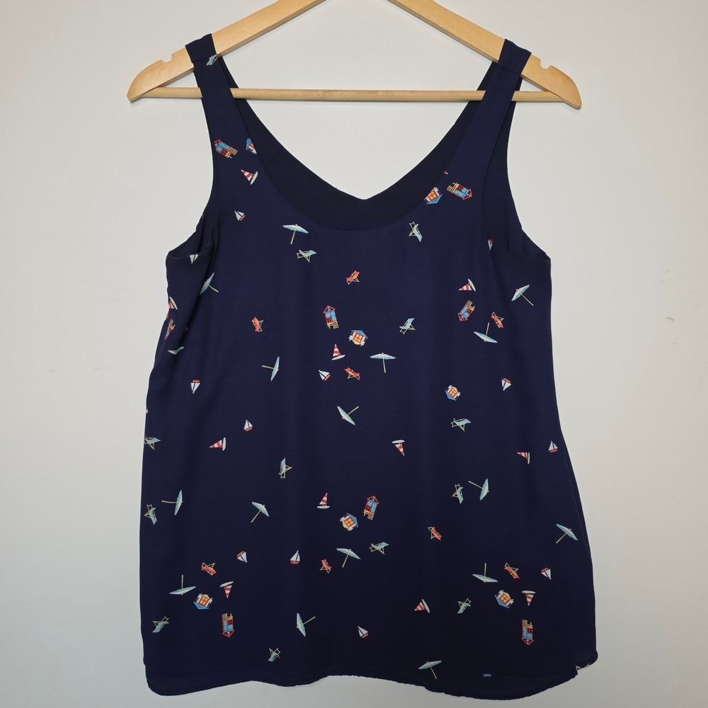 Beach Hut Umbrella Sailboat Print Navy Blue Tank Top Size Medium